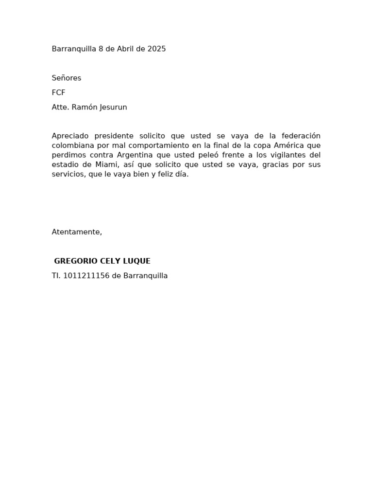 Solicitud de renuncia a Ramón Jesurun | PDF