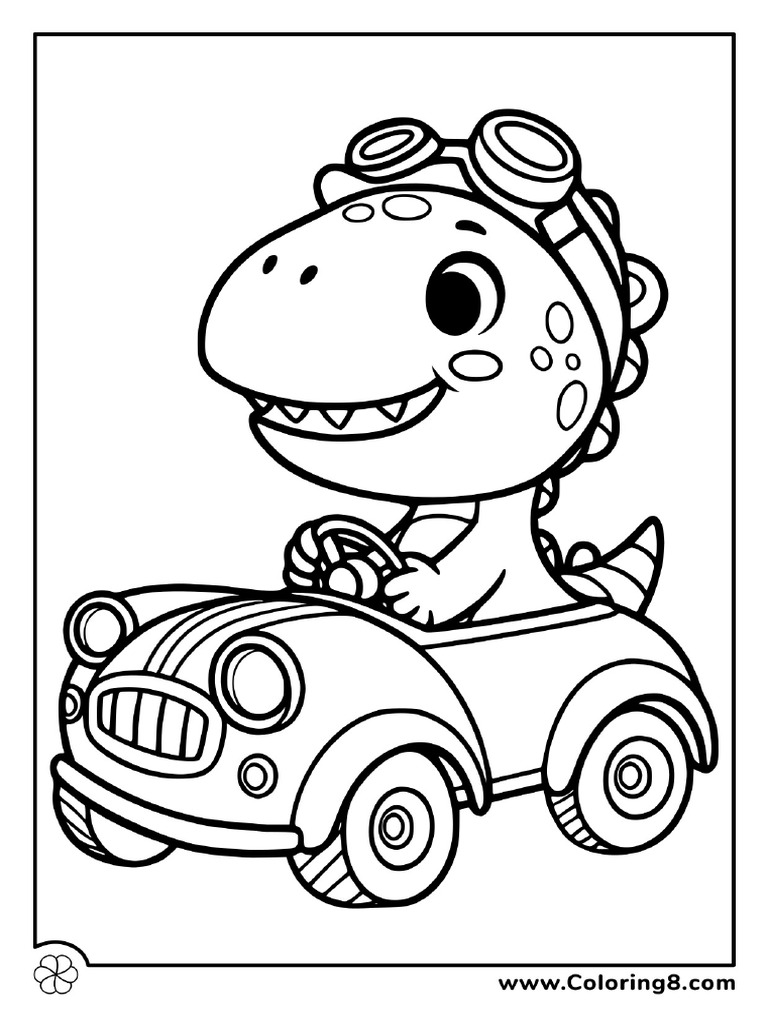Dinosaur Driving Car Coloring Page | PDF
