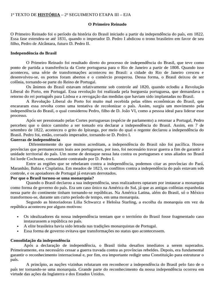 O Primeiro Reinado no Brasil: História e Conflitos | PDF | Brasil ...