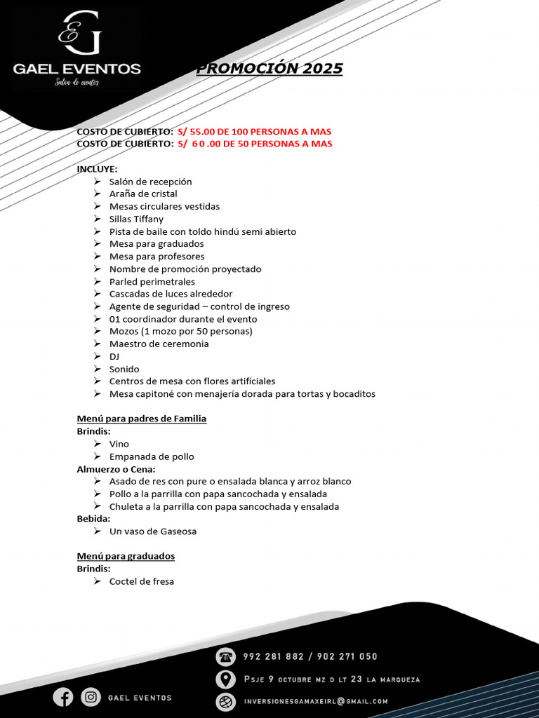 Promoción Inicial 2025: Detalles y Costos | PDF | Preparación de comida ...