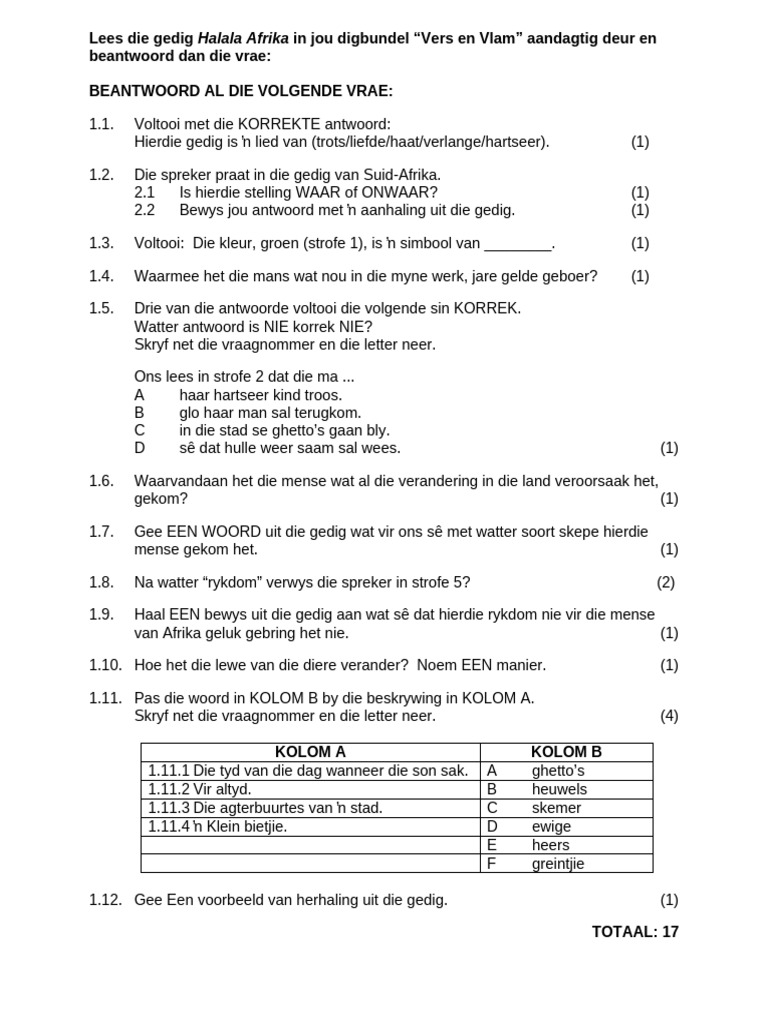 Gedig 6 Halala Afrika Vrae | PDF