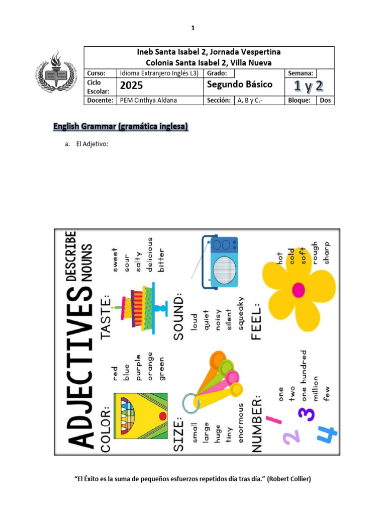 Semana 1 - Ingles 2025 - Bloque 2 Segundo Básico | PDF | Gramática ...