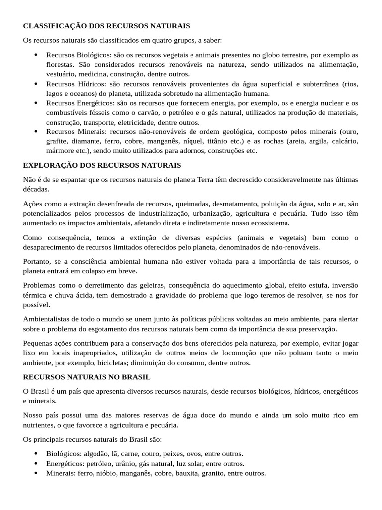 Classificação dos Recursos Naturais | PDF | Água | Energia renovável