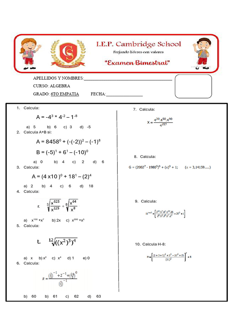 Algebra Calculation Exercises for Grade 6 | PDF