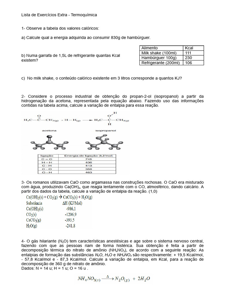 Exercícios de Termoquímica e Entalpia | PDF | Entalpia | Reações químicas