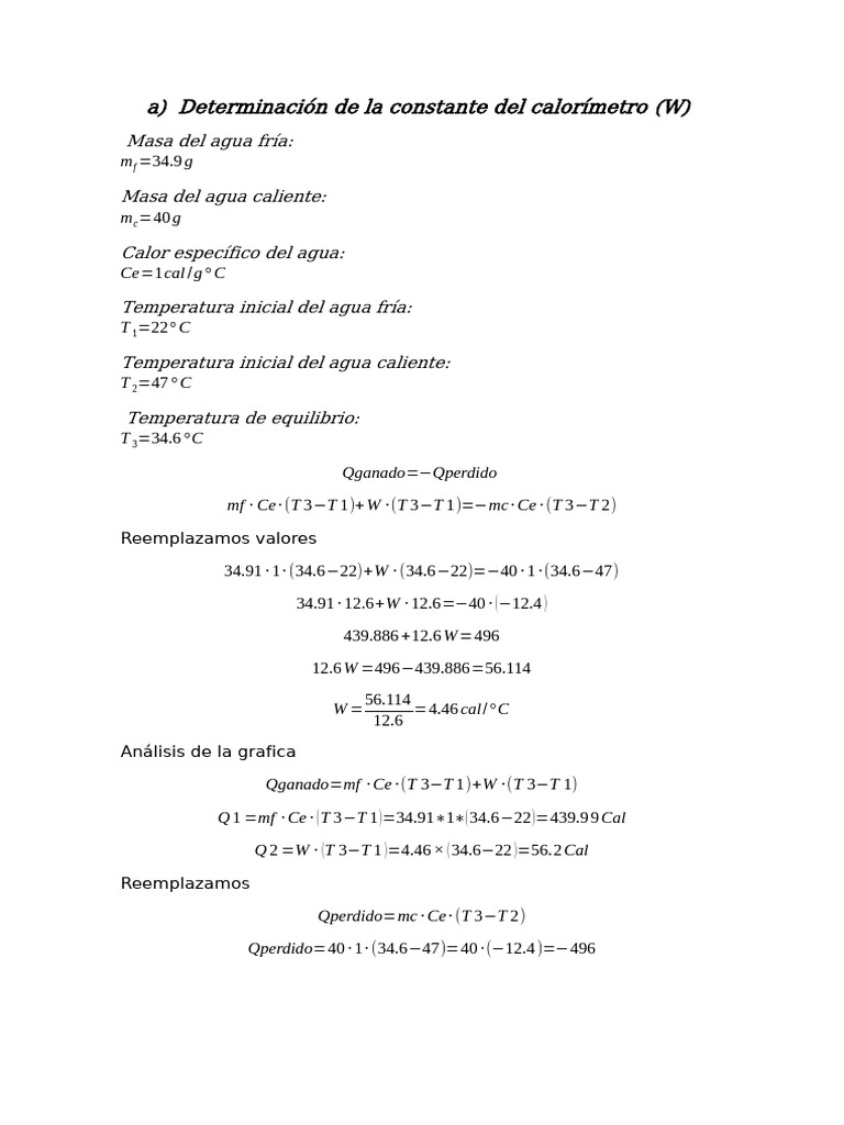 Determinación de La Constante Del Calorímetro | PDF | Calor | Temperatura