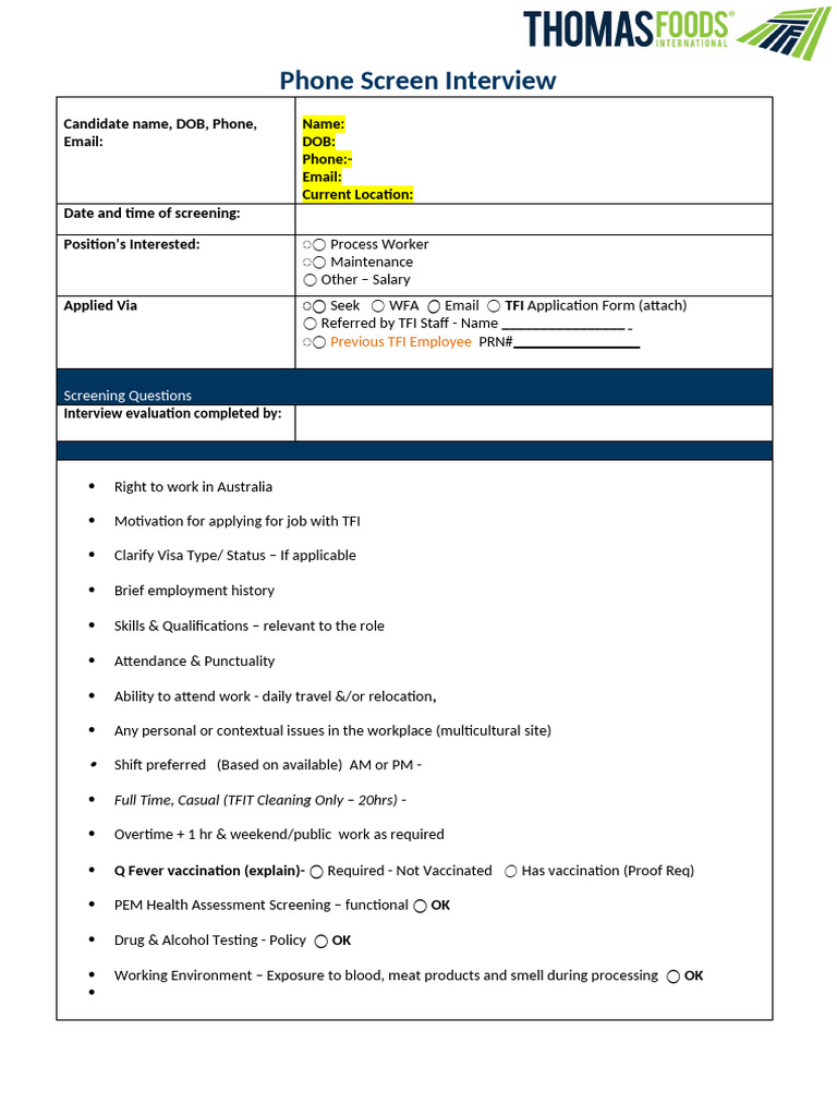 Template - Screening Interview | PDF | Employee Relations | Labor Relations