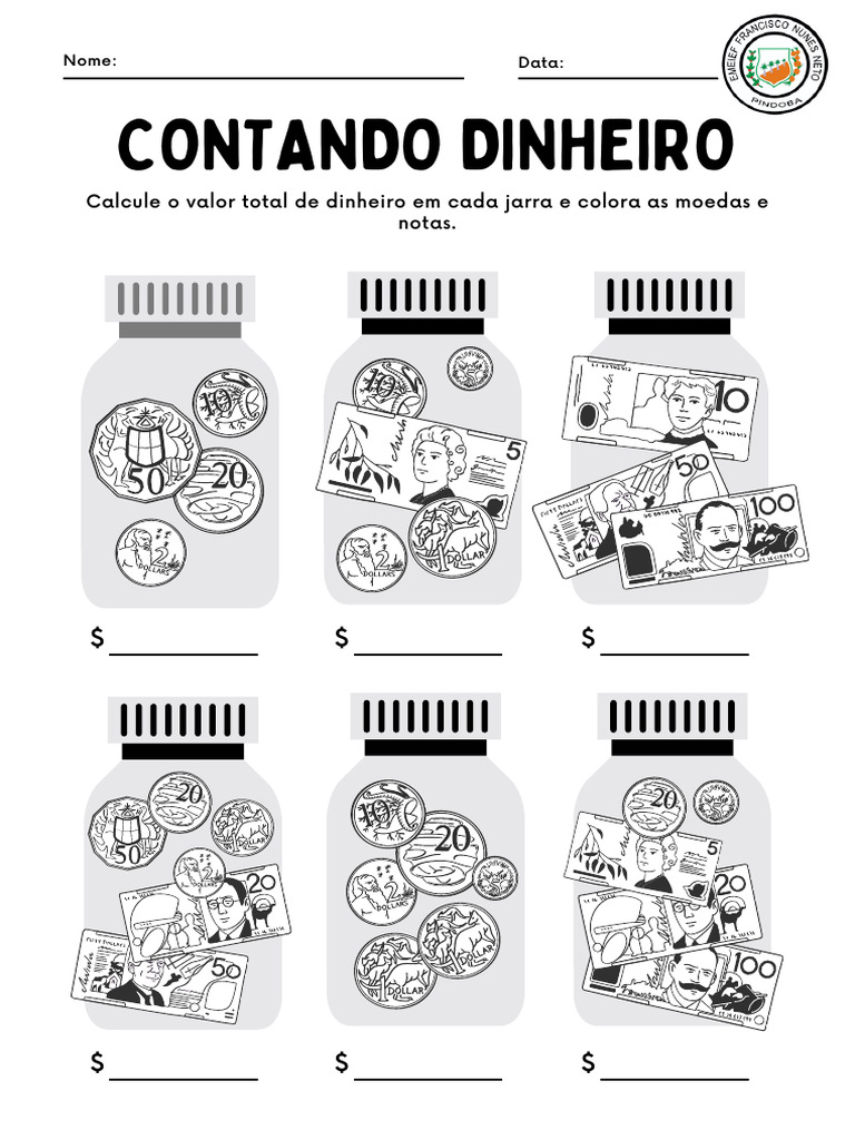Preto e Branco Alinhado Dinheiro Folha de Atividade de Contagem e ...