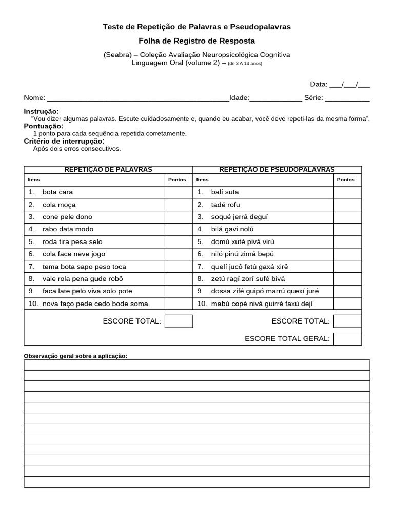 Teste de Repetição de Palavras e Pseudopalavras | PDF