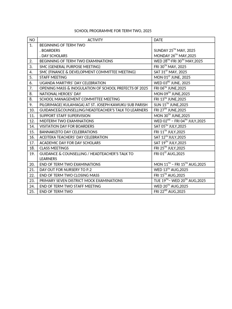 Term Two School Programme 2025 | PDF