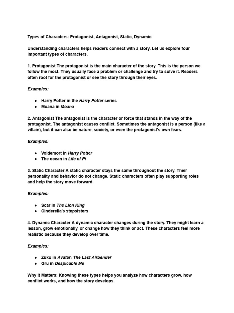 Types of Characters - Protagonist, Antagonist, Static, Dynamic | PDF