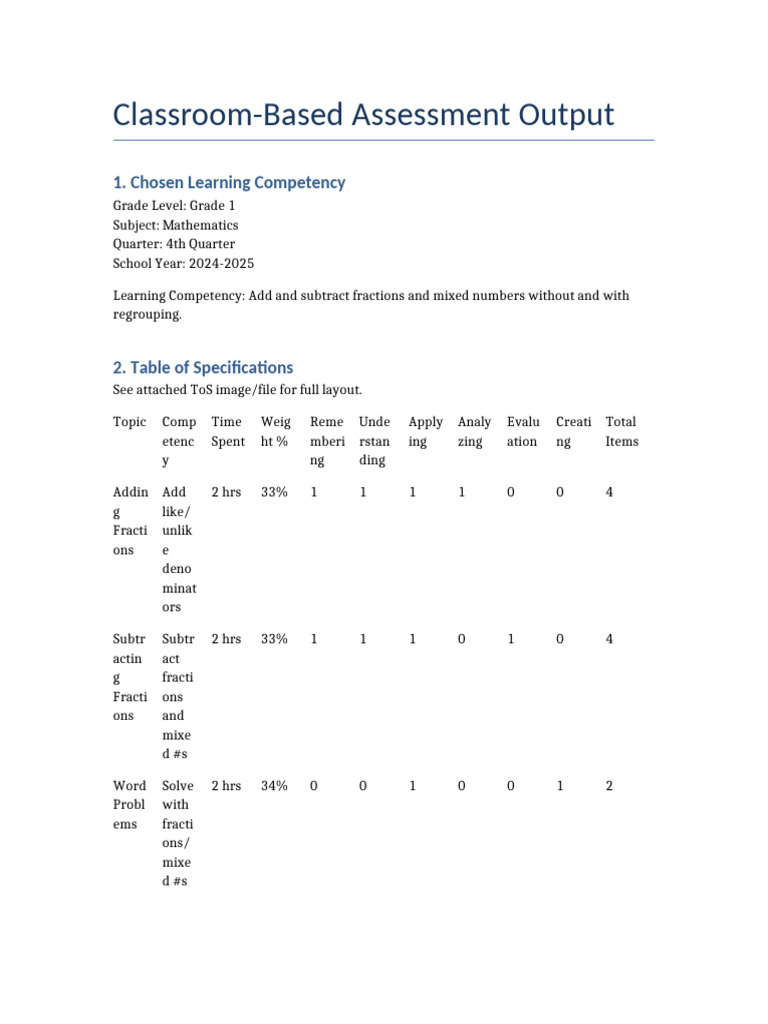 Grade 1 Math Assessment: Fractions | PDF