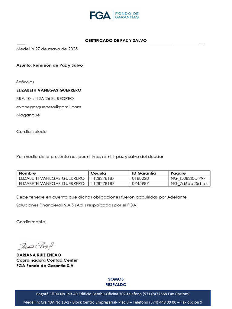 CERTIFICADO DE PAZ Y SALVO ELIZABETH VENEGAS | PDF