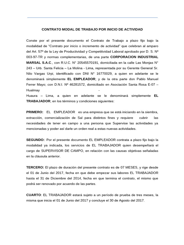 Contrato de Trabajo por Inicio de Actividad | PDF | Derecho laboral ...