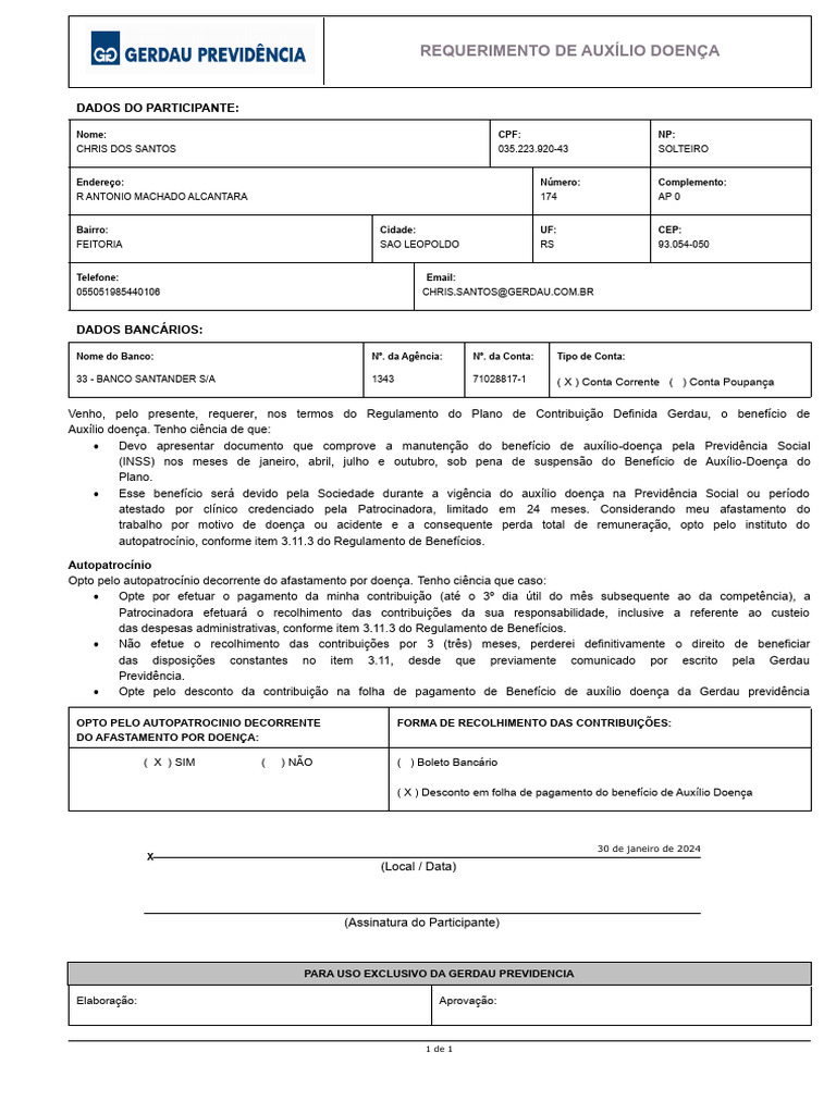 Requerimento de Auxílio Doença Gerdau | PDF