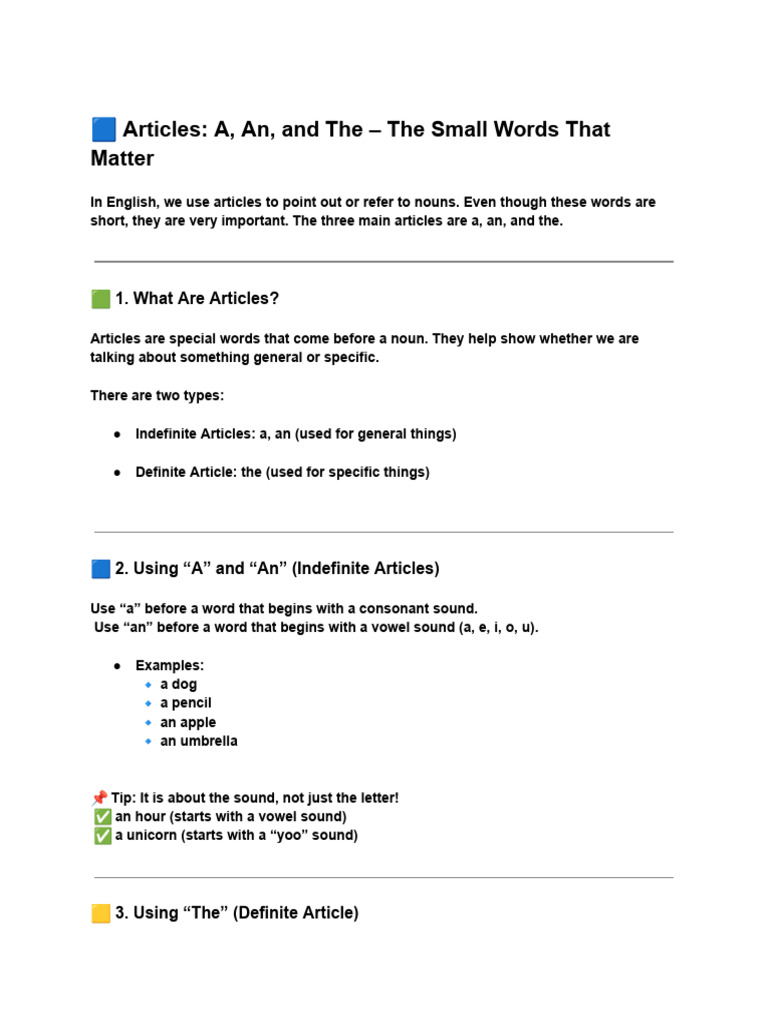 Articles - A, An, and The - The Small Words That Matter | PDF