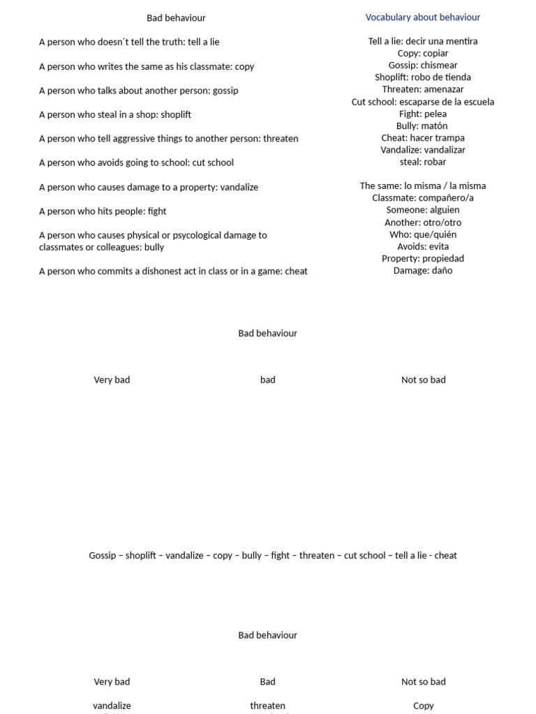 Vocabulary of Bad Behavior and Dialogue | PDF