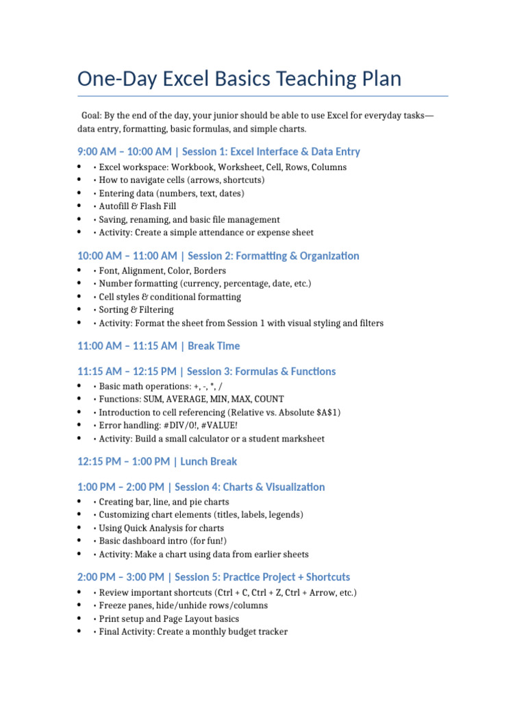 Excel Basics Teaching Plan | PDF