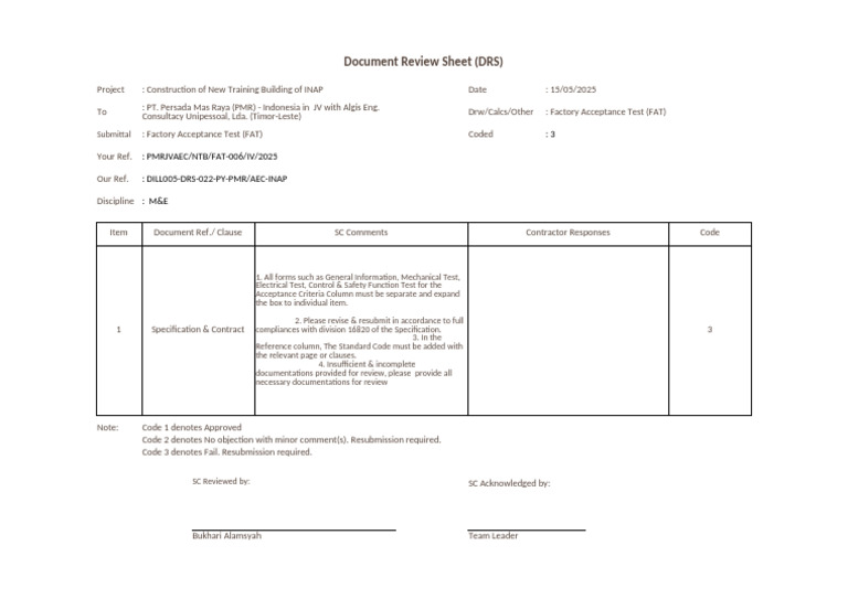 INAP Training Building FAT Review Sheet | PDF