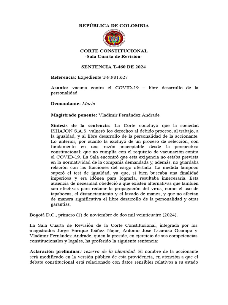 Sentencia T-460-24 No Carnet de Vacunas | PDF | Vacunación | Virus