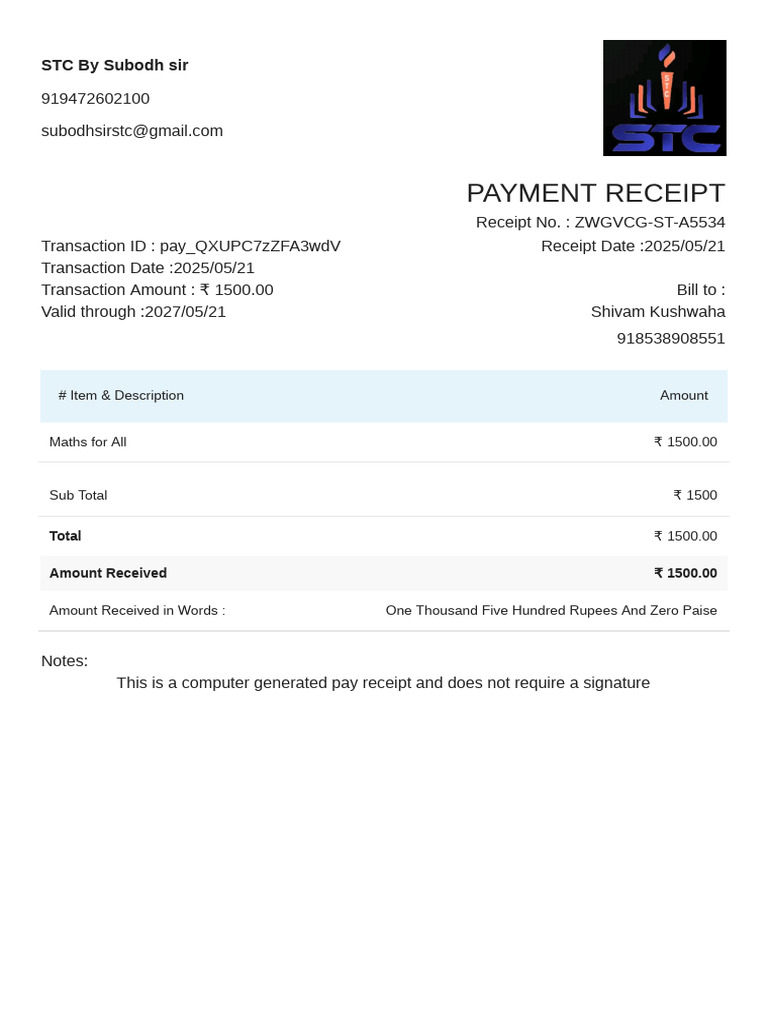 Payment Receipt for Maths Course | PDF