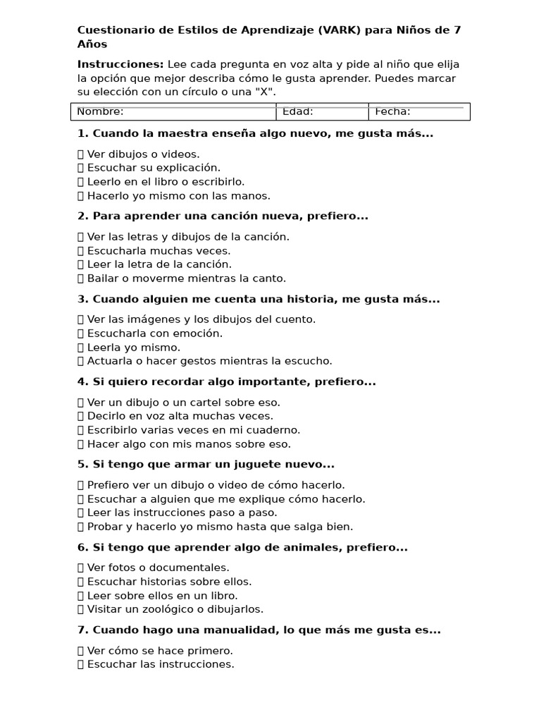 Test VARK de Estilos de Aprendizaje Infantil | PDF
