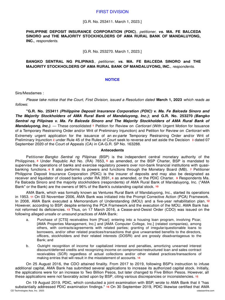 AMA Rural Bank Liquidation Case Summary | PDF | Banks | Injunction