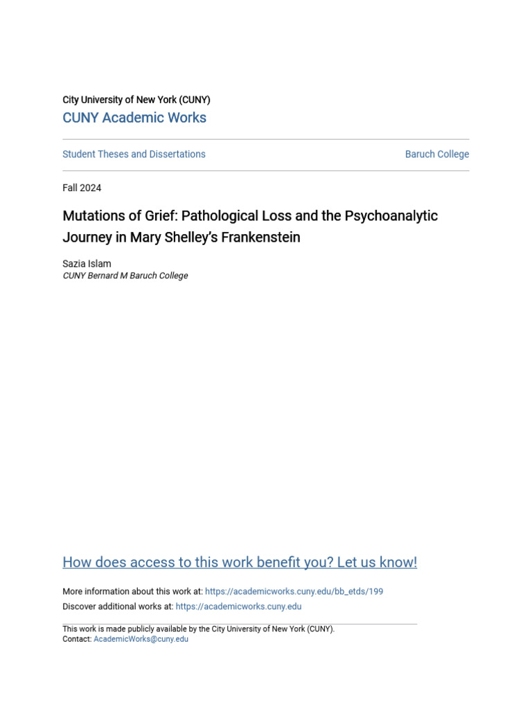Grief and Psychoanalysis in Frankenstein PDF Frankenstein