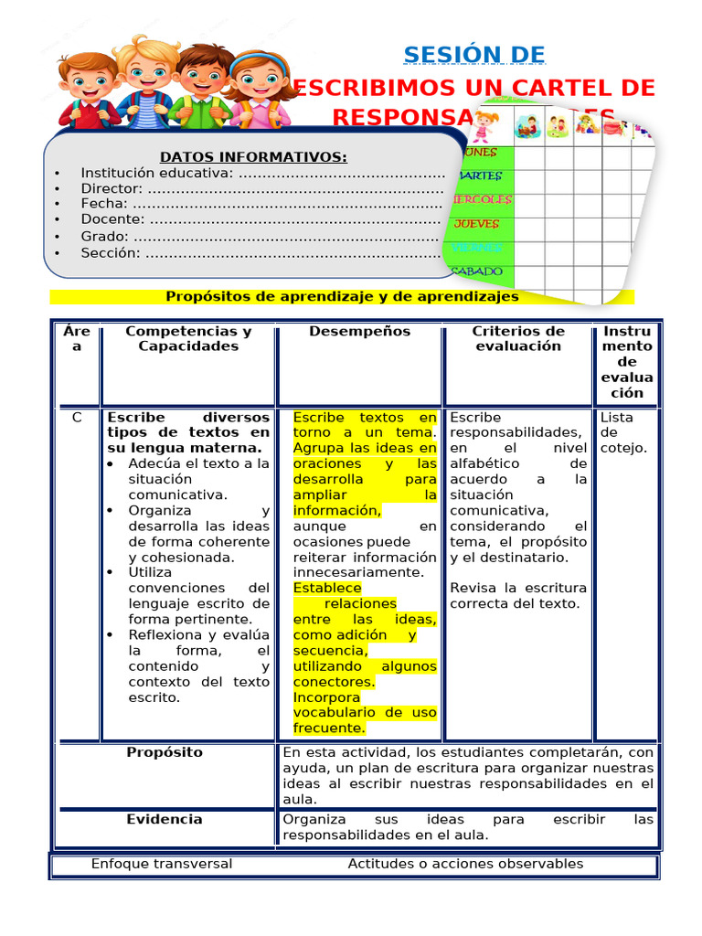 Plan de Escritura: Responsabilidades en Aula | PDF | Salón de clases ...