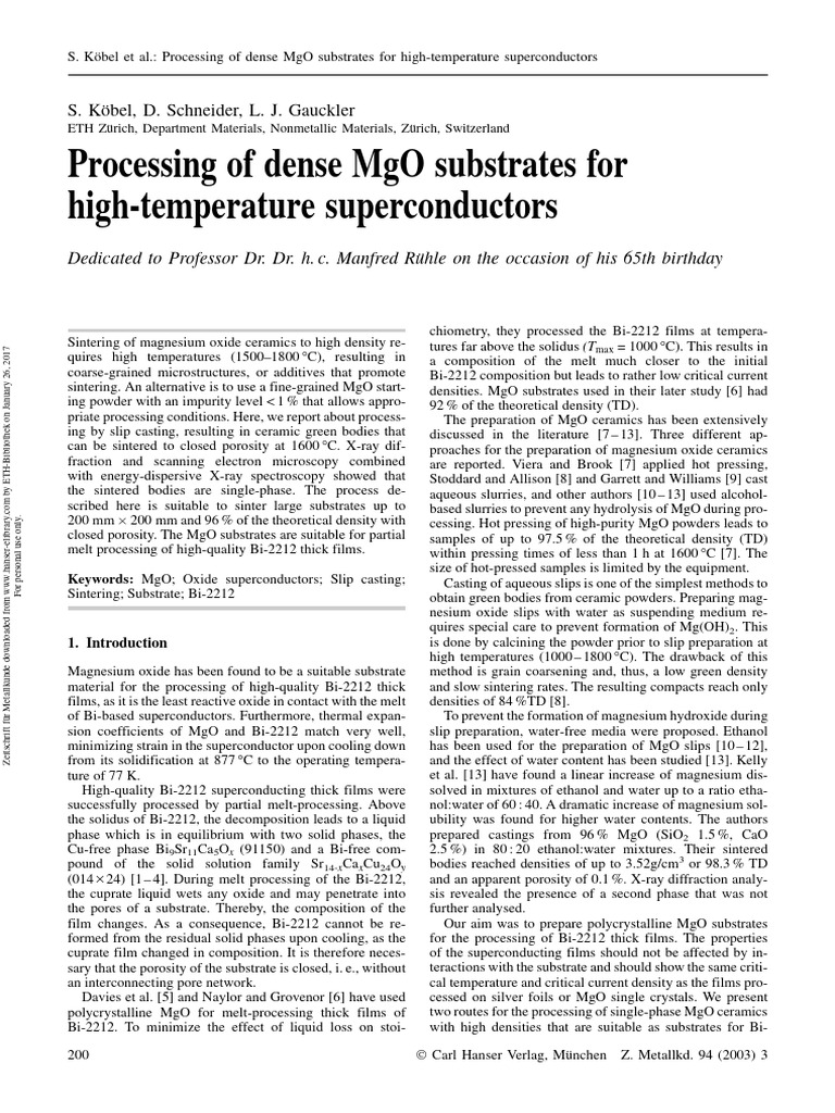 Dense MgO Substrates for Superconductors | PDF | Ceramics | Sintering