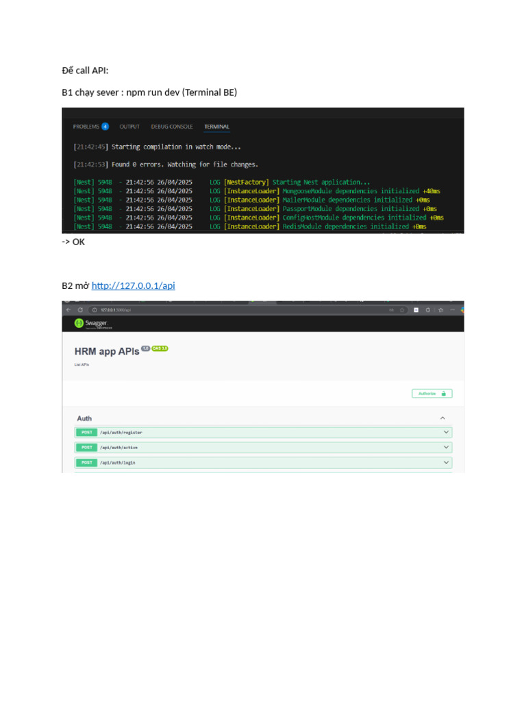 Để call API: B1 chạy sever: npm run dev (Terminal BE) | PDF