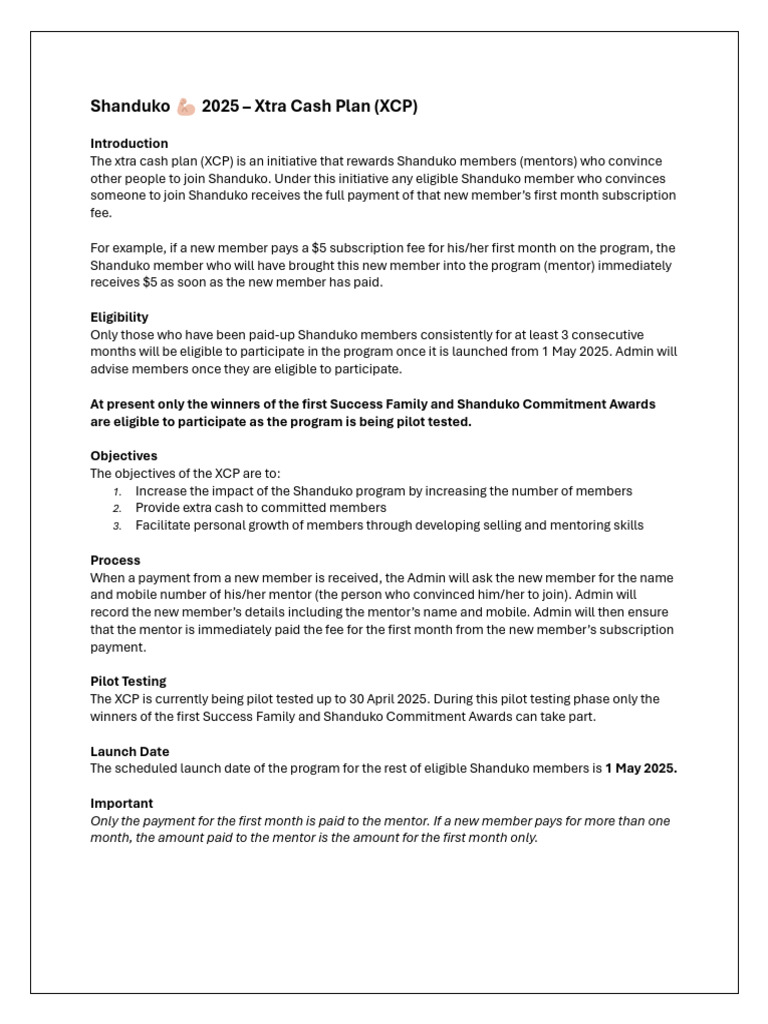 Shanduko 2025 Xtra Cash Plan Overview | PDF