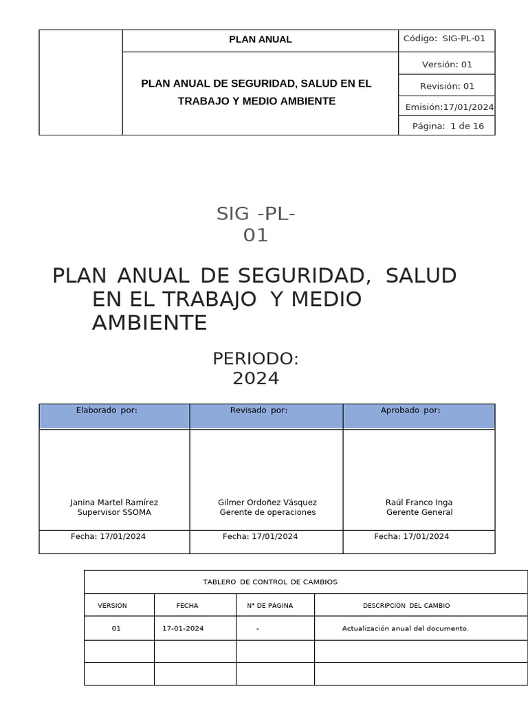 Plan Anual de Seguridad y Salud 2024 | PDF | Seguridad y salud ...