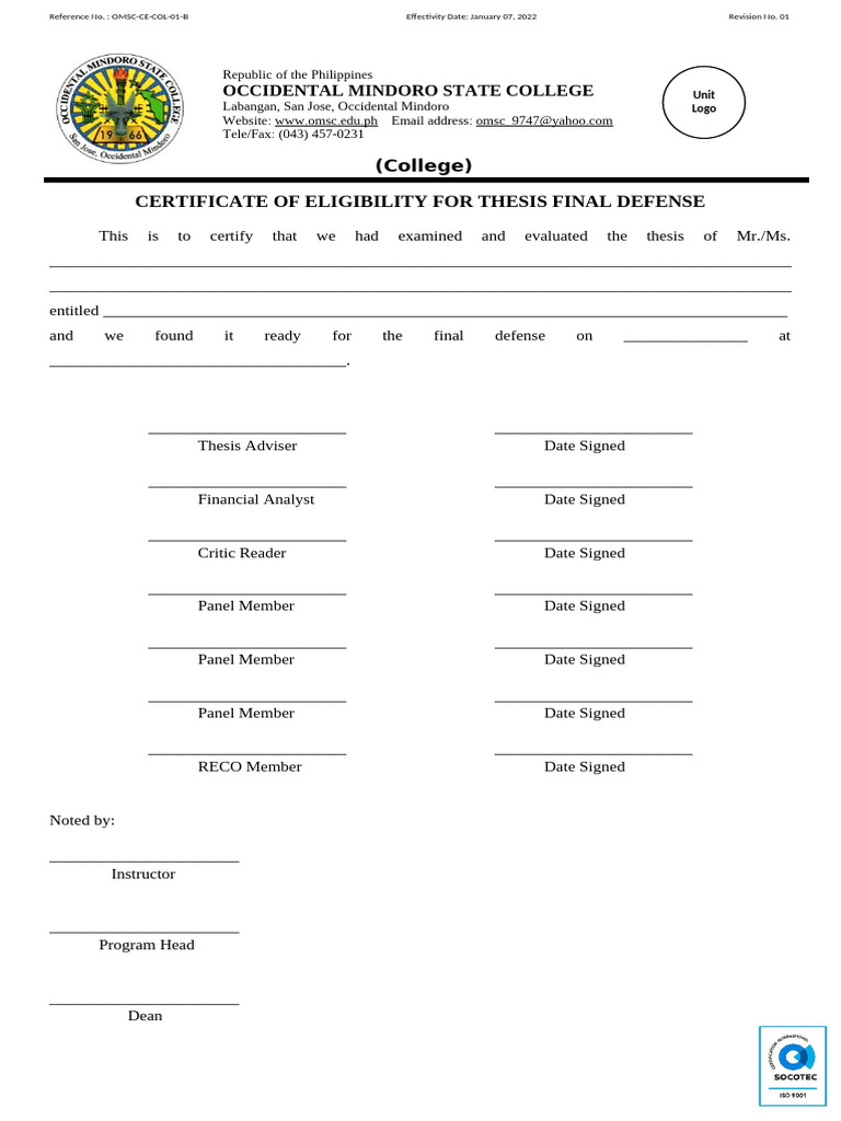 OMSC CE COL 01 B Certificate of Eligibility For Final Thesis Defense ...