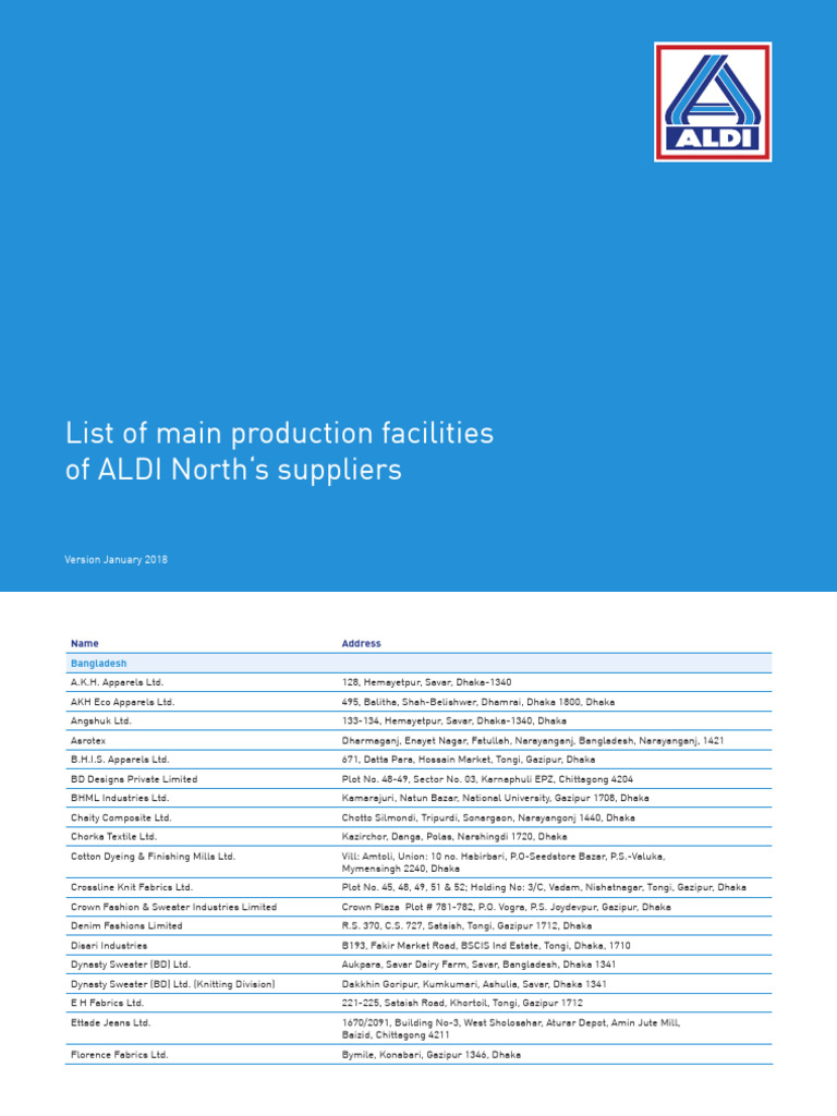 ALDI North Supplier Production Facilities | PDF | Dhaka | World Politics