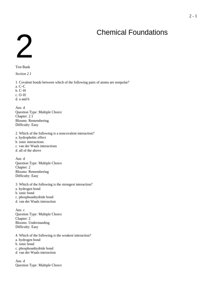 Lodish8e Ch02 TestBank | PDF | Chemical Bond | Biological Membrane