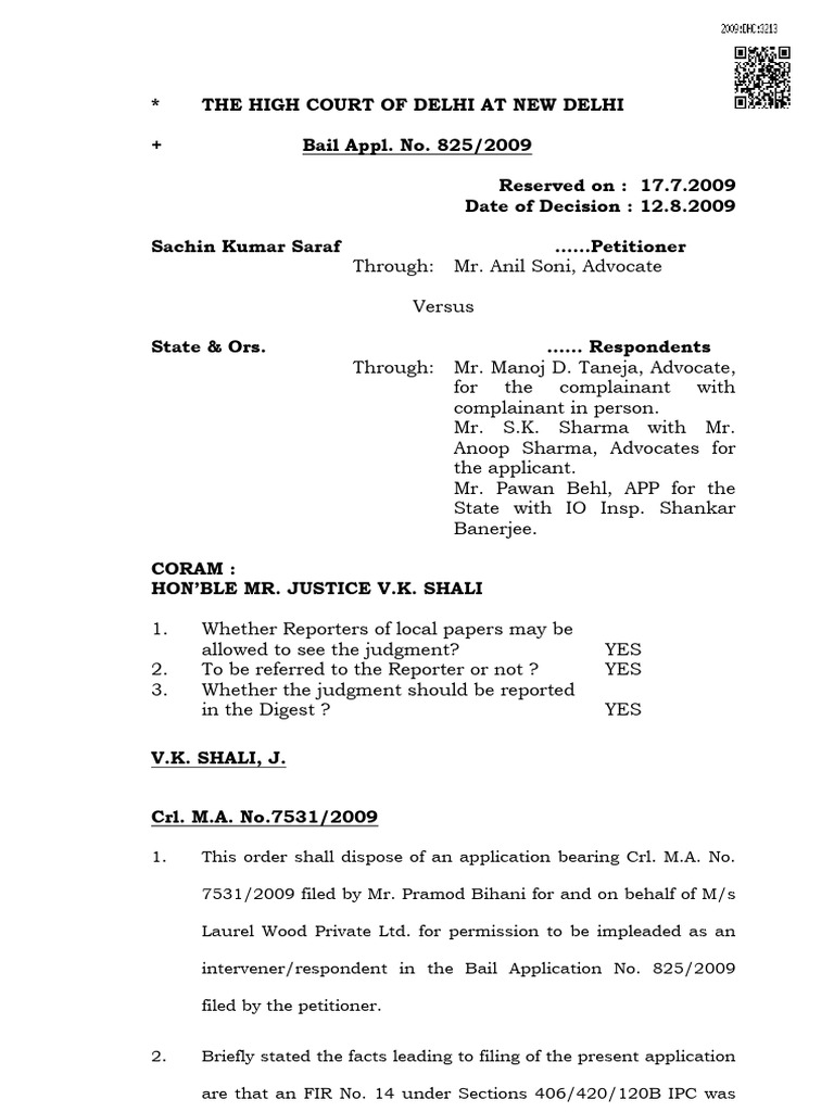 Delhi High Court Bail Application Ruling | PDF | Bail | Supreme Court ...