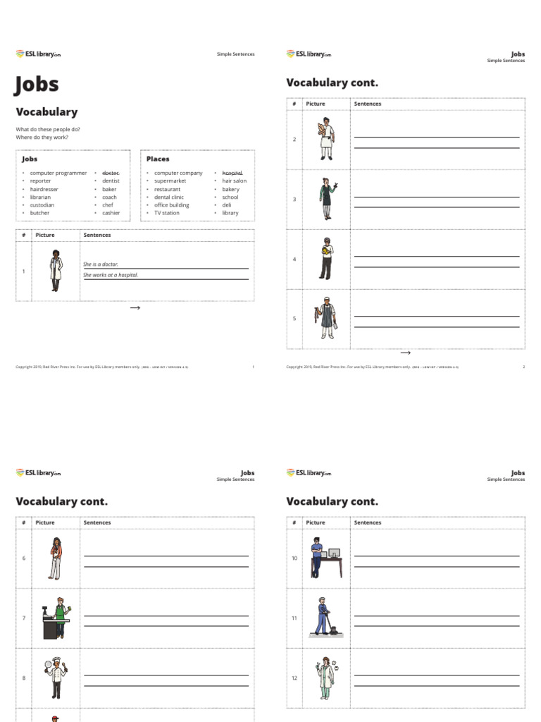 Jobs - Simple Sentences - ESL Library | PDF | English As A Second Or ...