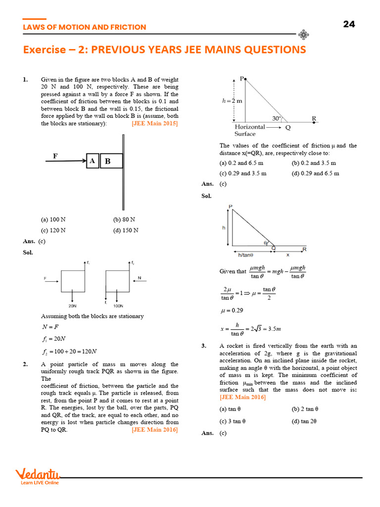 JEE Questions on Motion and Friction | PDF | Force | Friction