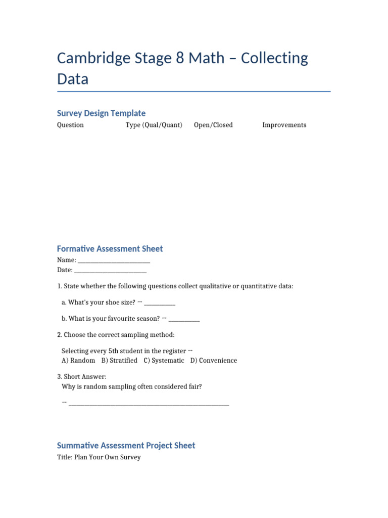 Cambridge Stage 8 Math: Data Collection Guide | PDF