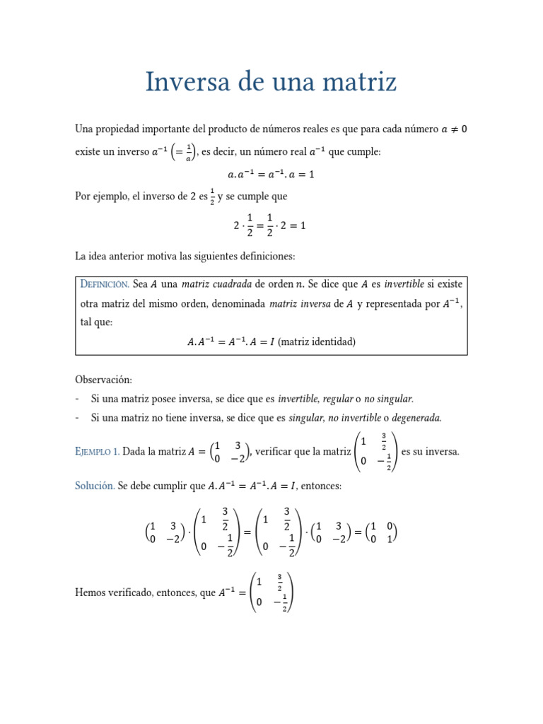 Inversa de Matrices: Definición y Métodos | PDF | Matriz (Matemáticas ...