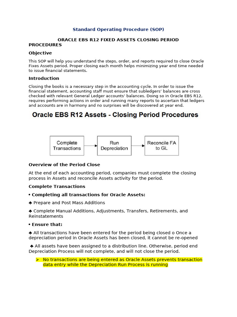 Oracle EBS R12 Fixed Assets Closing SOP | PDF | Depreciation ...