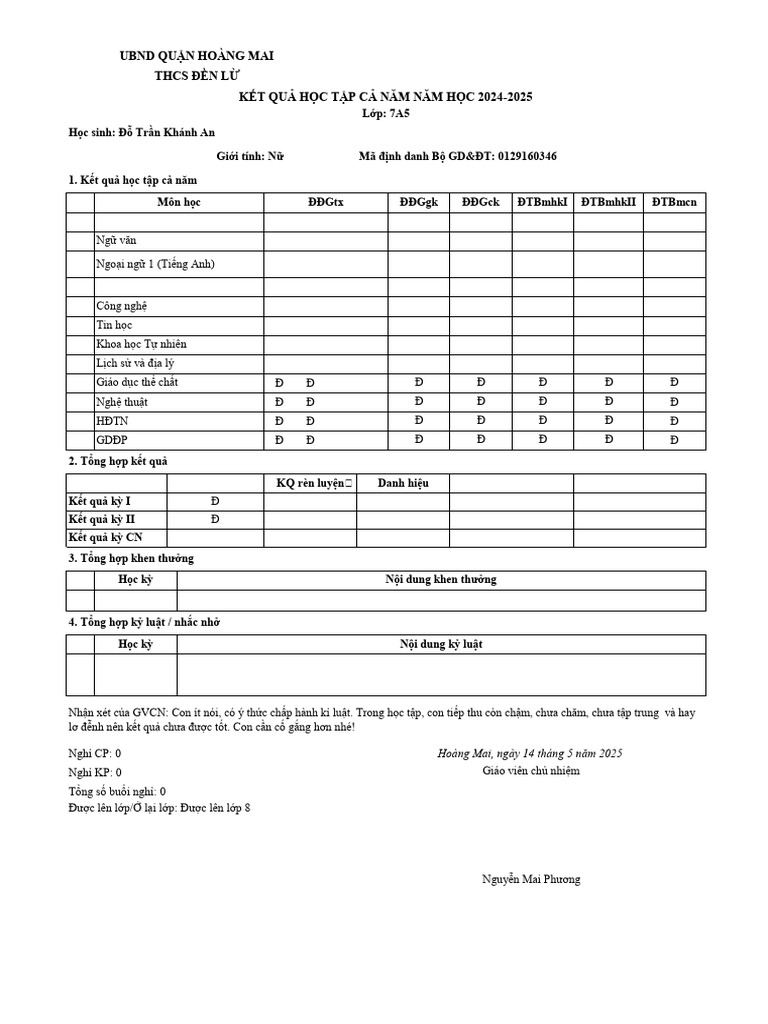 Phiếu Điểm Cả Năm 7a5 | PDF