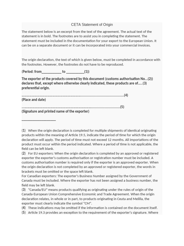 CETA Statement of Origin Guidelines | PDF | Customs