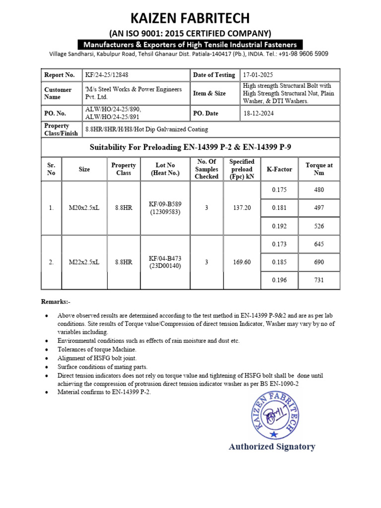 Suitability Report Steel Works PO. 890 & 891 | PDF | Screw | Materials