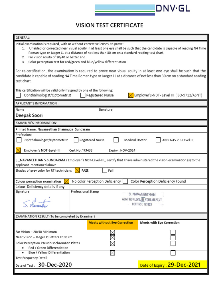 Vision Test Certificate for Candidates | PDF