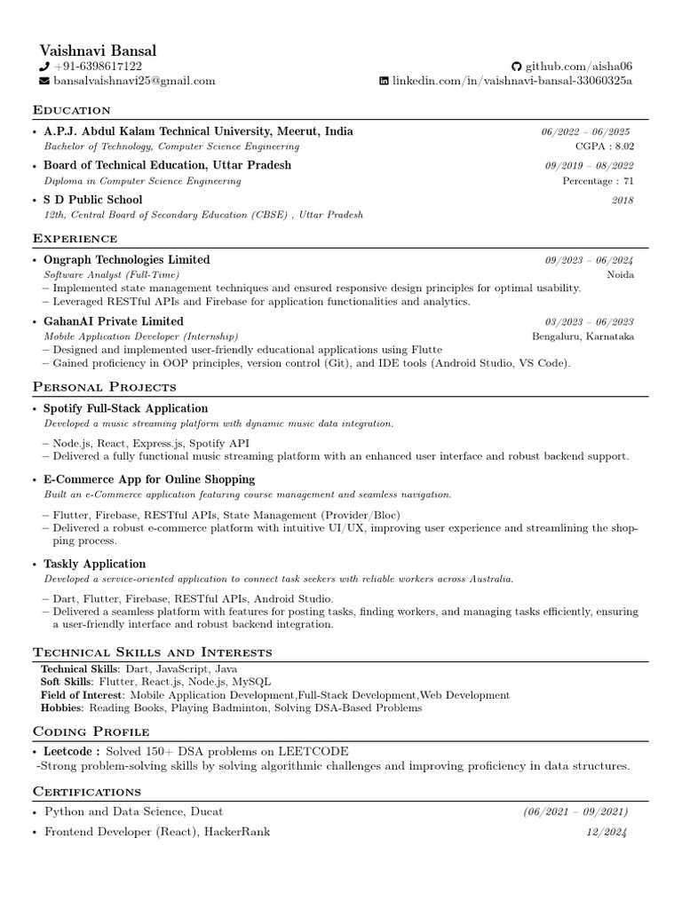 Vaishnavi Bansal: Software Analyst Resume | PDF | Usability | Mobile App