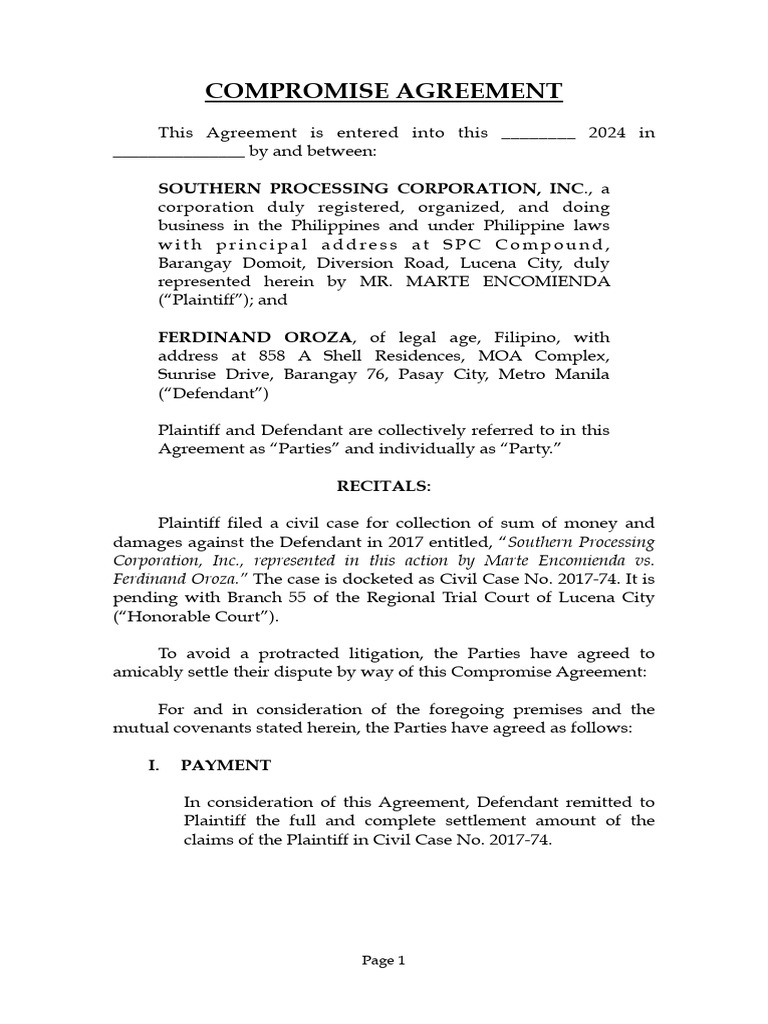Sample Compromise Agreement | PDF | Lawsuit | Justice