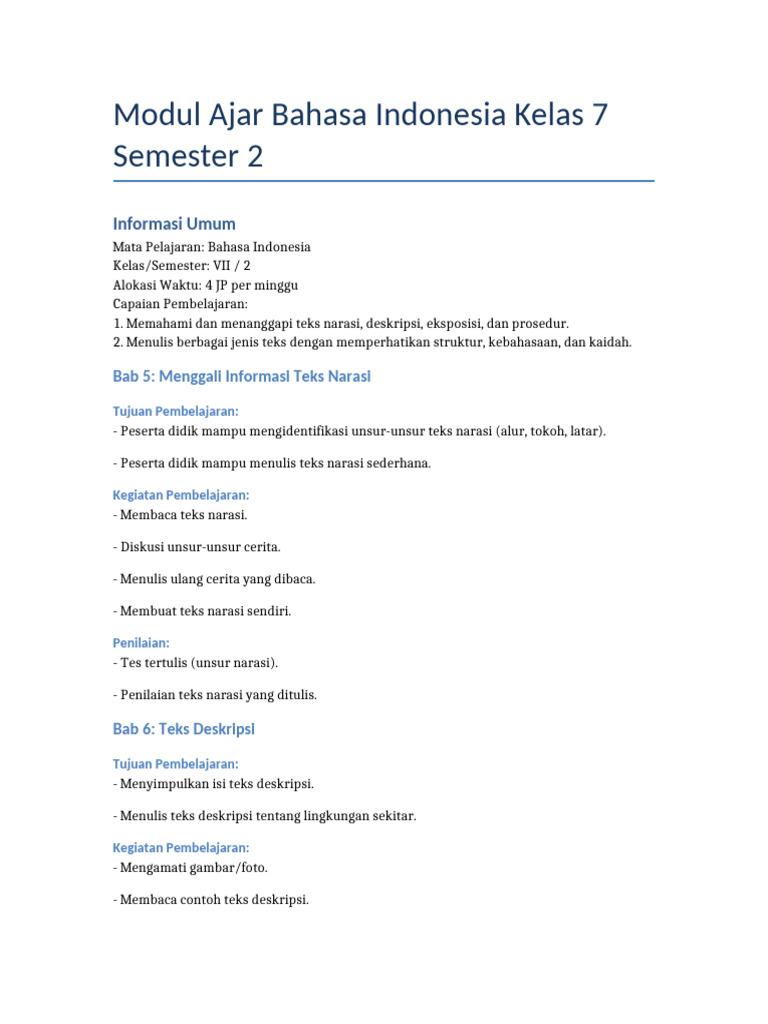 Modul Ajar Bahasa Indonesia Kelas 7 Sem 2 | PDF