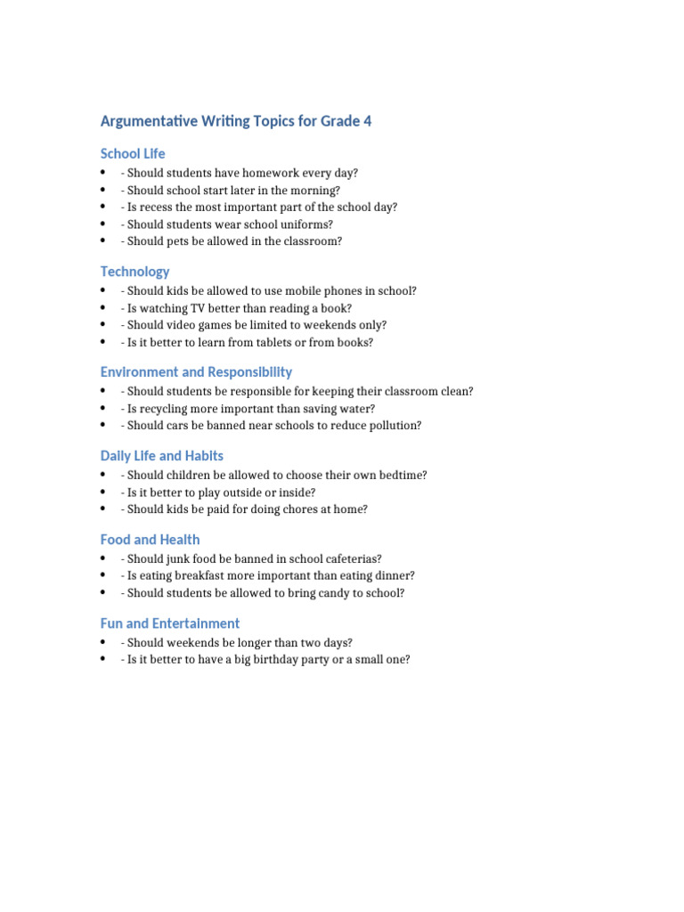 Grade 4 Argumentative Writing Topics | PDF